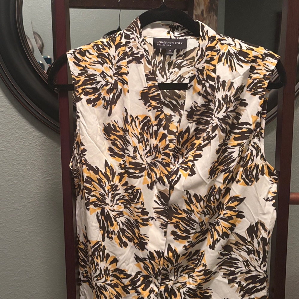 Jones New York Collection Sleeveless Blouse with Yellow & Black Floral Print